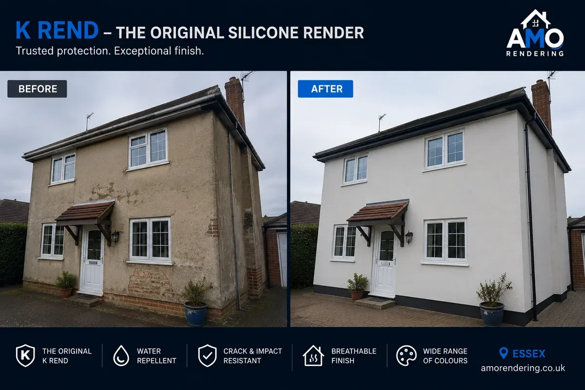 K Rend silicone render before and after — detached home
