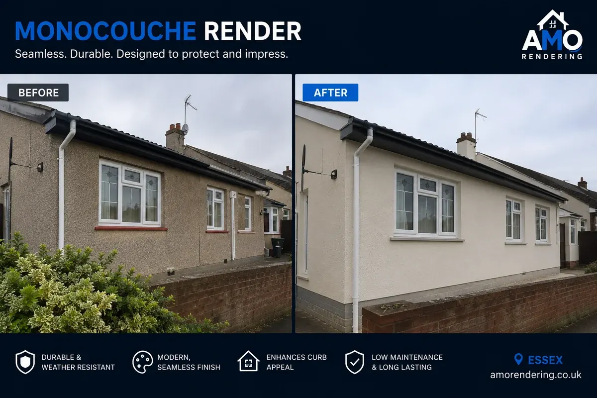 Monocouche render before and after — bungalow transformation