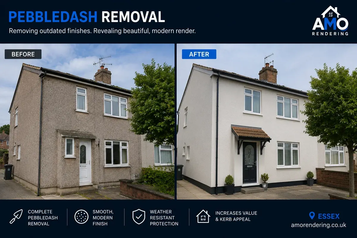 Pebbledash removal and render before and after — semi-detached home